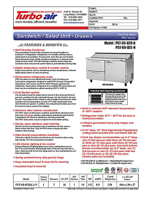 Turbo Air PST-60-D2R(L)-N 60 1/4" PRO Series Sandwich/Salad Prep Table w/ Refrigerated Base - Donut-Equipment.com