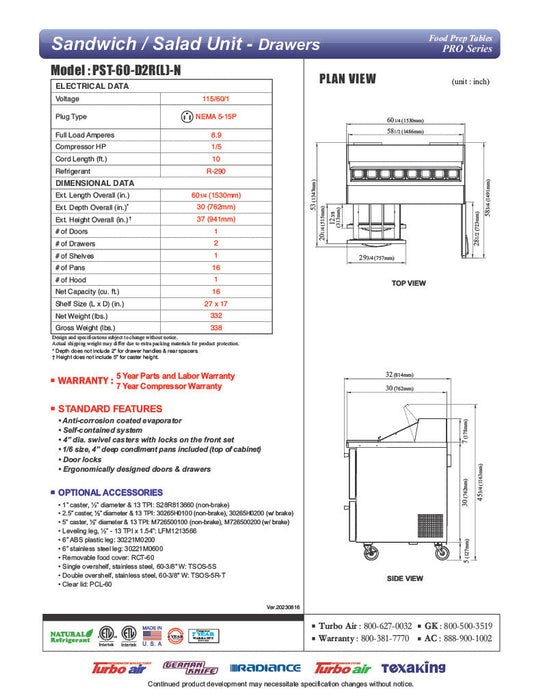 Turbo Air PST-60-D2R(L)-N 60 1/4" PRO Series Sandwich/Salad Prep Table w/ Refrigerated Base - Donut-Equipment.com