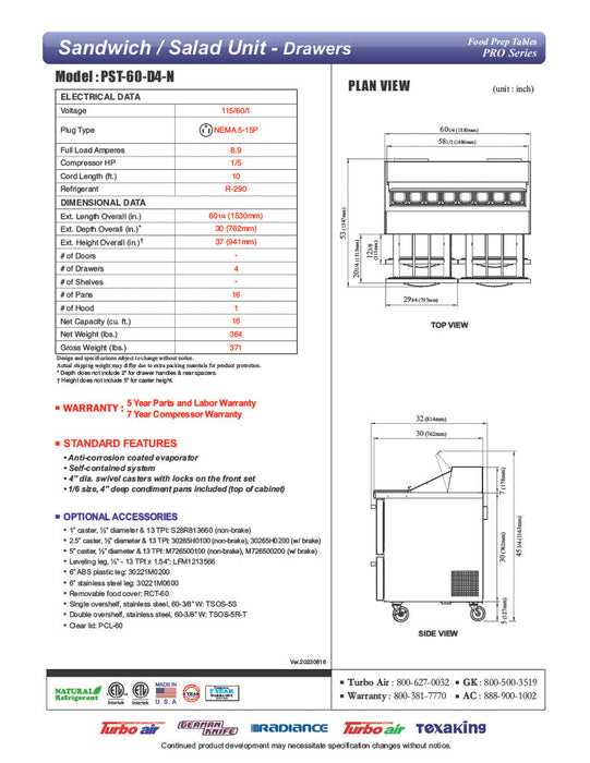 Turbo Air PST-60-D4-N 60 1/4" PRO Series Sandwich/Salad Prep Table w/ Refrigerated Base - Donut-Equipment.com