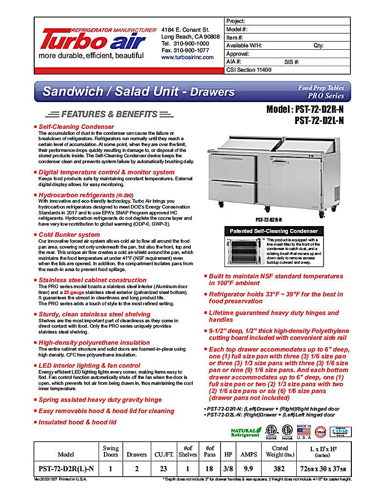 Turbo Air PST-72-D2R(L)-N 72 5/8" PRO Series Sandwich/Salad Prep Table w/ Refrigerated Base - Donut-Equipment.com