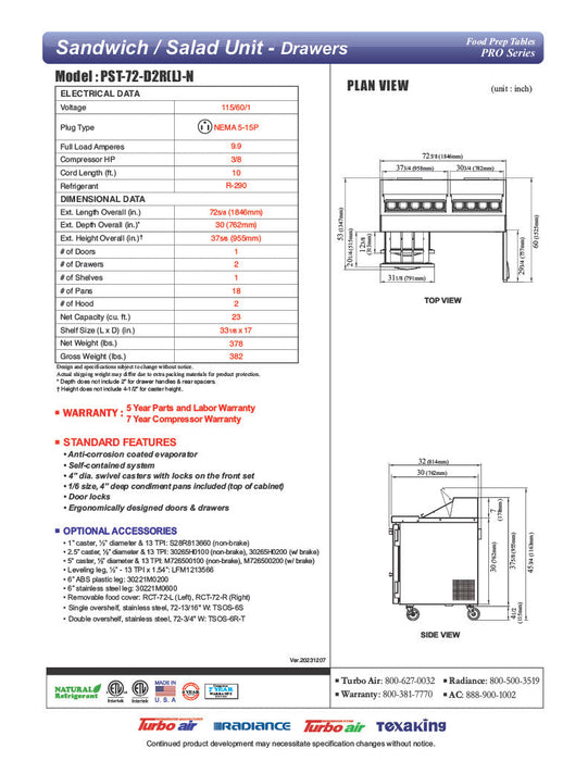 Turbo Air PST-72-D2R(L)-N 72 5/8" PRO Series Sandwich/Salad Prep Table w/ Refrigerated Base - Donut-Equipment.com