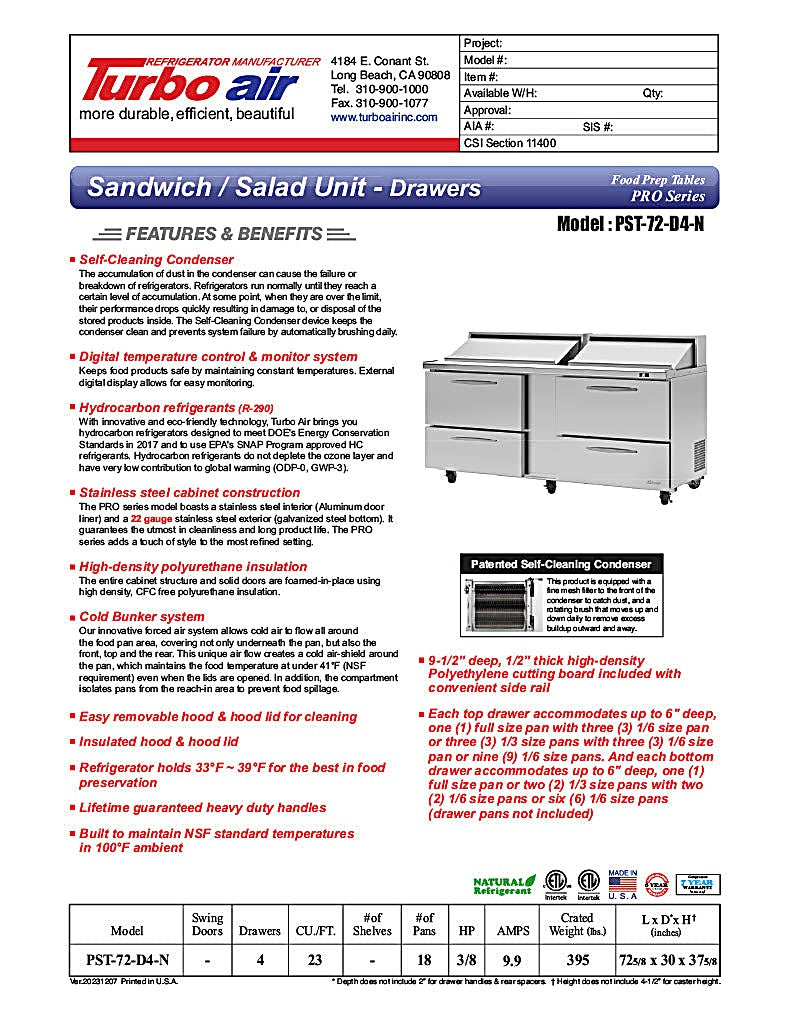 Turbo Air PST-72-D4-N 72 5/8" PRO Series Sandwich/Salad Prep Table w/ Refrigerated Base - Donut-Equipment.com