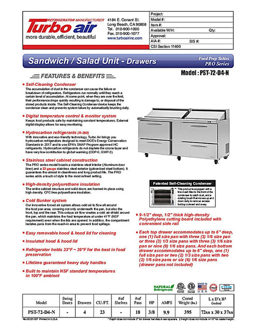 Turbo Air PST-72-D4-N 72 5/8" PRO Series Sandwich/Salad Prep Table w/ Refrigerated Base - Donut-Equipment.com