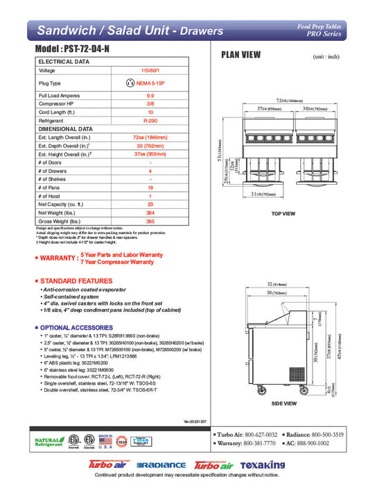 Turbo Air PST-72-D4-N 72 5/8" PRO Series Sandwich/Salad Prep Table w/ Refrigerated Base - Donut-Equipment.com