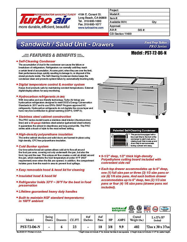 Turbo Air PST-72-D6-N 72 5/8" PRO Series Sandwich/Salad Prep Table w/ Refrigerated Base - Donut-Equipment.com