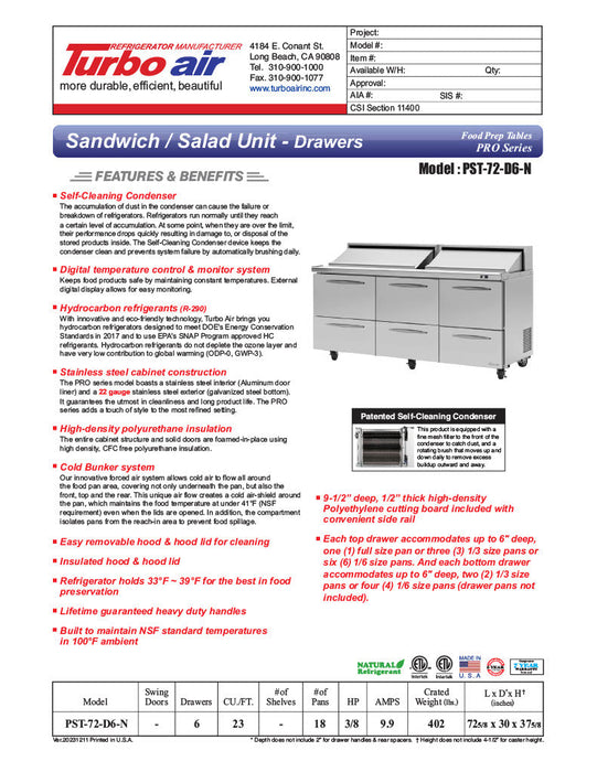 Turbo Air PST-72-D6-N 72 5/8" PRO Series Sandwich/Salad Prep Table w/ Refrigerated Base - Donut-Equipment.com