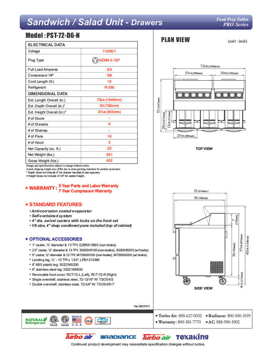 Turbo Air PST-72-D6-N 72 5/8" PRO Series Sandwich/Salad Prep Table w/ Refrigerated Base - Donut-Equipment.com