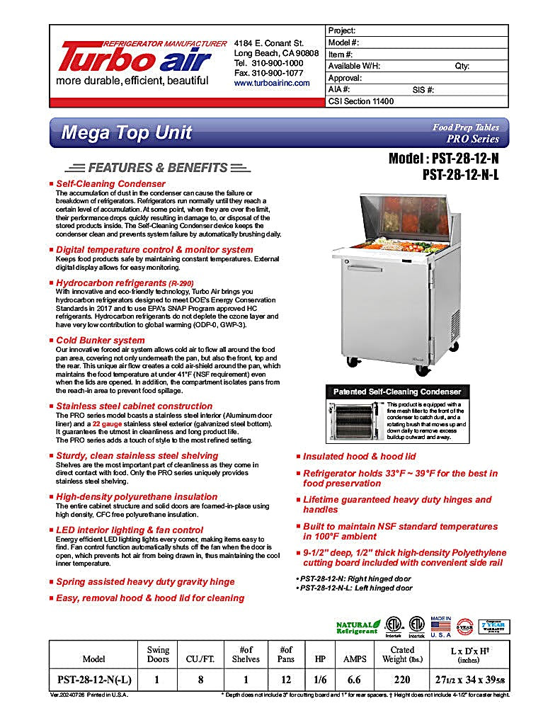 Turbo Air PST-28-12-N 27 1/2" PRO Series Mega Top Sandwich/Salad Prep Table w/ Refrigerated Base - Donut-Equipment.com