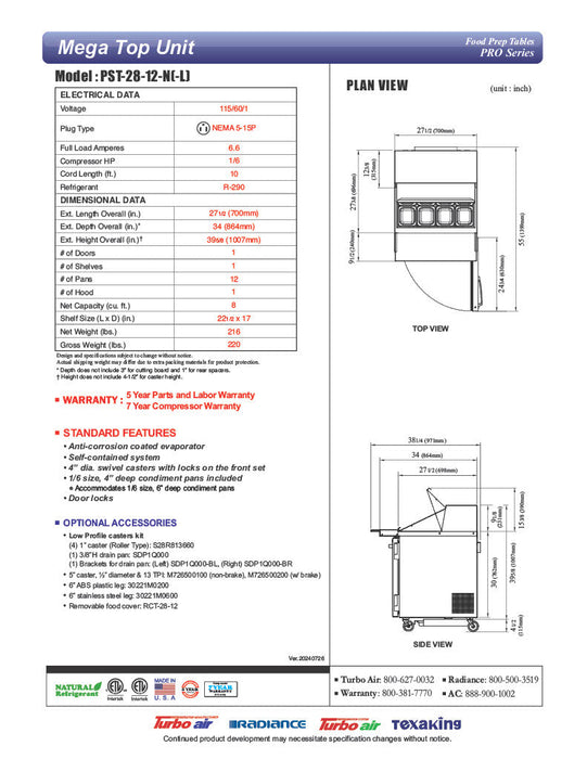 Turbo Air PST-28-12-N 27 1/2" PRO Series Mega Top Sandwich/Salad Prep Table w/ Refrigerated Base - Donut-Equipment.com