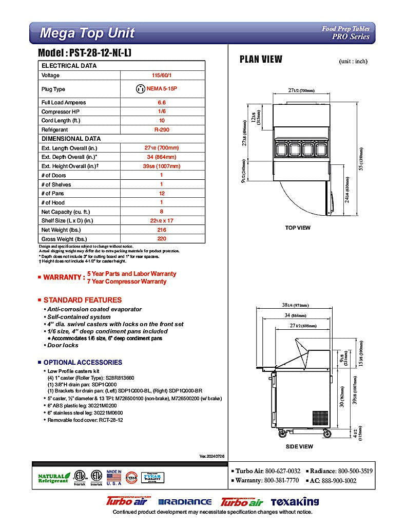 Turbo Air PST-28-12-N 27 1/2" PRO Series Mega Top Sandwich/Salad Prep Table w/ Refrigerated Base - Donut-Equipment.com