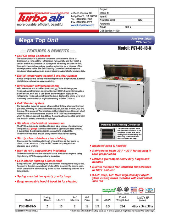 Turbo Air PST-48-18-N 48 1/4" PRO Series Mega Top Sandwich/Salad Prep Table w/ Refrigerated Base - Donut-Equipment.com