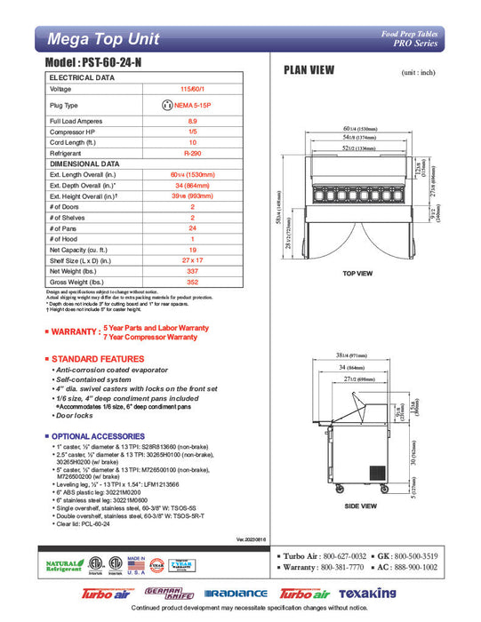 Turbo Air PST-60-24-N 60 1/4" PRO Series Mega Top Sandwich/Salad Prep Table w/ Refrigerated Base - Donut-Equipment.com