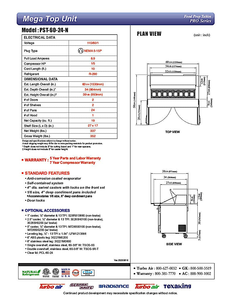 Turbo Air PST-60-24-N 60 1/4" PRO Series Mega Top Sandwich/Salad Prep Table w/ Refrigerated Base - Donut-Equipment.com