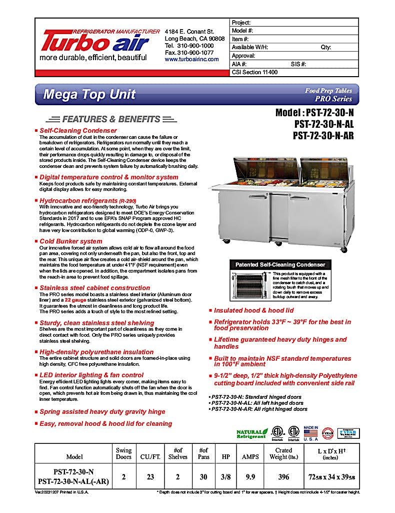Turbo Air PST-72-30-N 72 5/8" PRO Series Mega Top Sandwich/Salad Prep Table w/ Refrigerated Base - Donut-Equipment.com