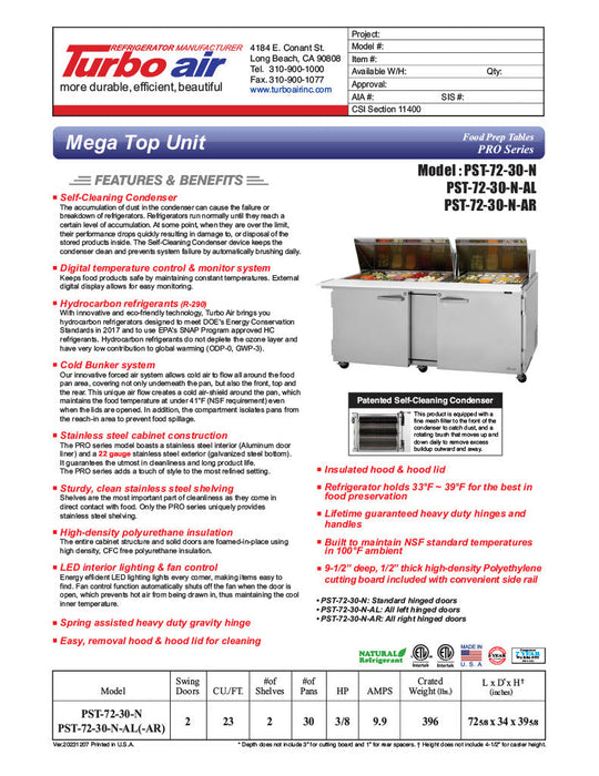Turbo Air PST-72-30-N 72 5/8" PRO Series Mega Top Sandwich/Salad Prep Table w/ Refrigerated Base - Donut-Equipment.com
