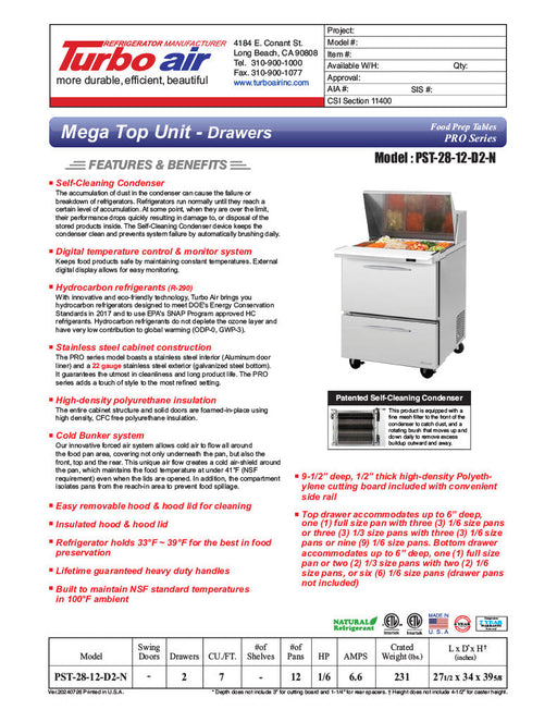 Turbo Air PST-28-12-D2-N 27" PRO Series Mega Top Sandwich/Salad Prep Table w/ Refrigerated Base - Donut-Equipment.com