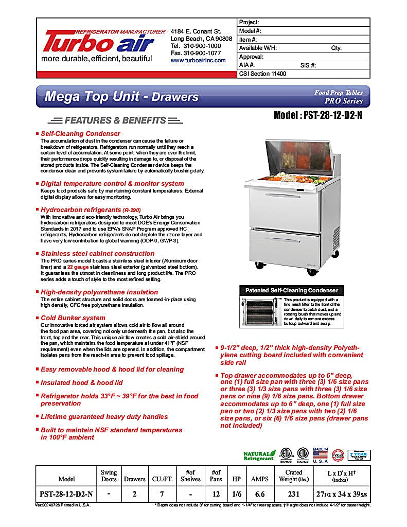 Turbo Air PST-28-12-D2-N 27" PRO Series Mega Top Sandwich/Salad Prep Table w/ Refrigerated Base - Donut-Equipment.com