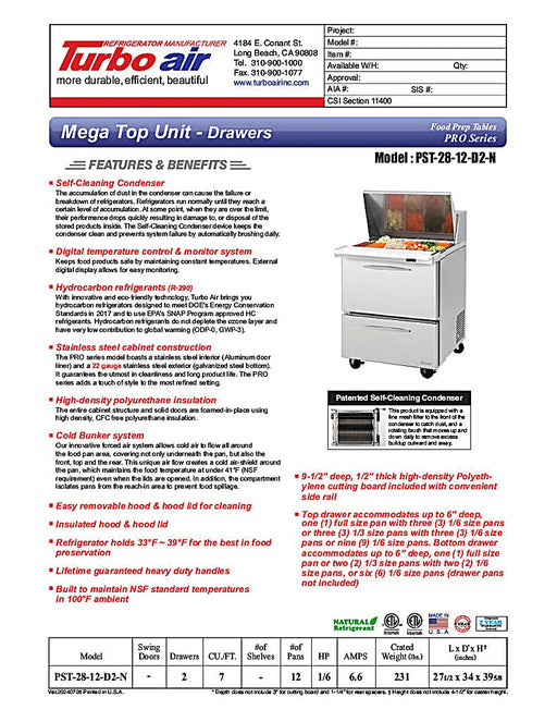 Turbo Air PST-28-12-D2-N 27" PRO Series Mega Top Sandwich/Salad Prep Table w/ Refrigerated Base - Donut-Equipment.com