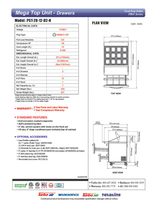 Turbo Air PST-28-12-D2-N 27" PRO Series Mega Top Sandwich/Salad Prep Table w/ Refrigerated Base - Donut-Equipment.com