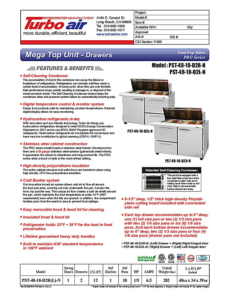 urbo Air PST-48-18-D2R-N 48 1/4" PRO Series Mega Top Sandwich/Salad Prep Table w/ Refrigerated Base - Donut-Equipment.com