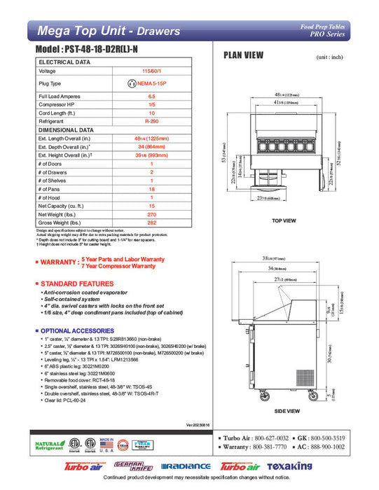 urbo Air PST-48-18-D2R-N 48 1/4" PRO Series Mega Top Sandwich/Salad Prep Table w/ Refrigerated Base - Donut-Equipment.com