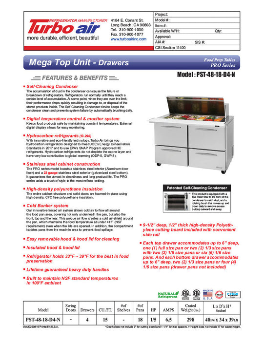 Turbo Air PST-48-18-D4-N 48" PRO Series Mega Top Sandwich/Salad Prep Table w/ Refrigerated Base - Donut-Equipment.com