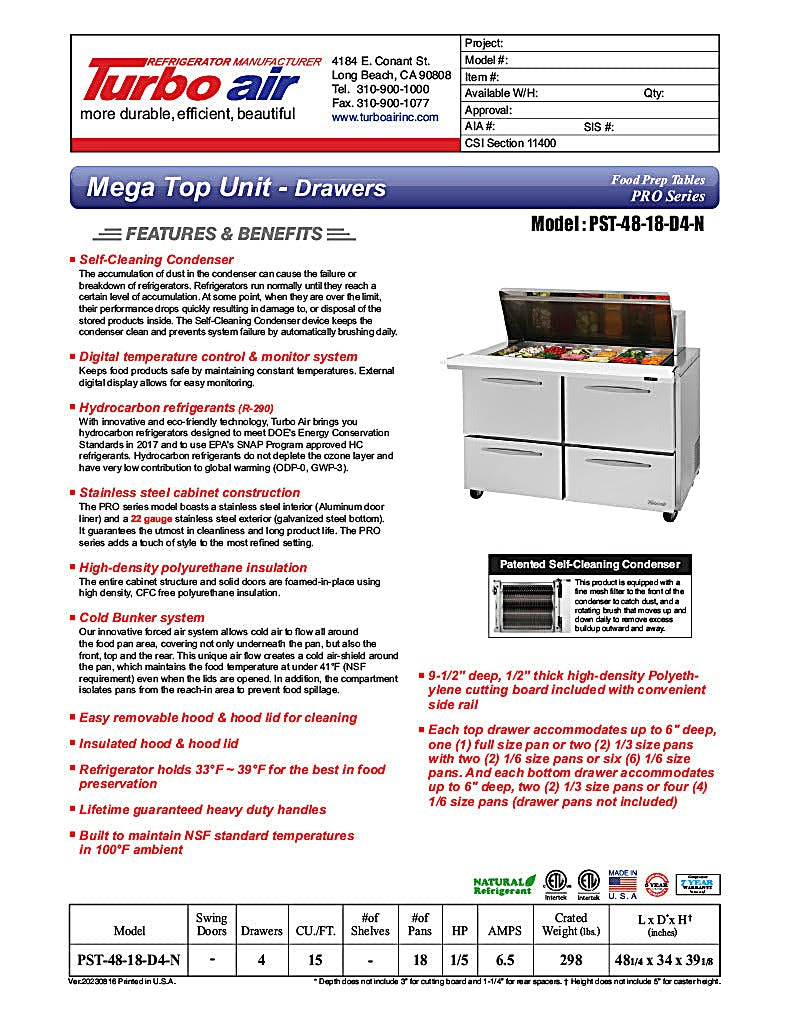 Turbo Air PST-48-18-D4-N 48" PRO Series Mega Top Sandwich/Salad Prep Table w/ Refrigerated Base - Donut-Equipment.com