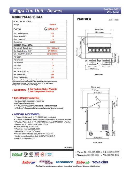 Turbo Air PST-48-18-D4-N 48" PRO Series Mega Top Sandwich/Salad Prep Table w/ Refrigerated Base - Donut-Equipment.com