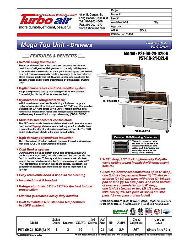 Turbo Air PST-60-24-D2R-N 60 1/4" PRO Series Mega Top Sandwich/Salad Prep Table w/ Refrigerated Base - Donut-Equipment.com
