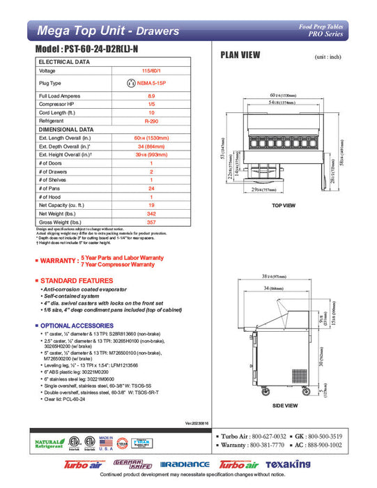 Turbo Air PST-60-24-D2R-N 60 1/4" PRO Series Mega Top Sandwich/Salad Prep Table w/ Refrigerated Base - Donut-Equipment.com