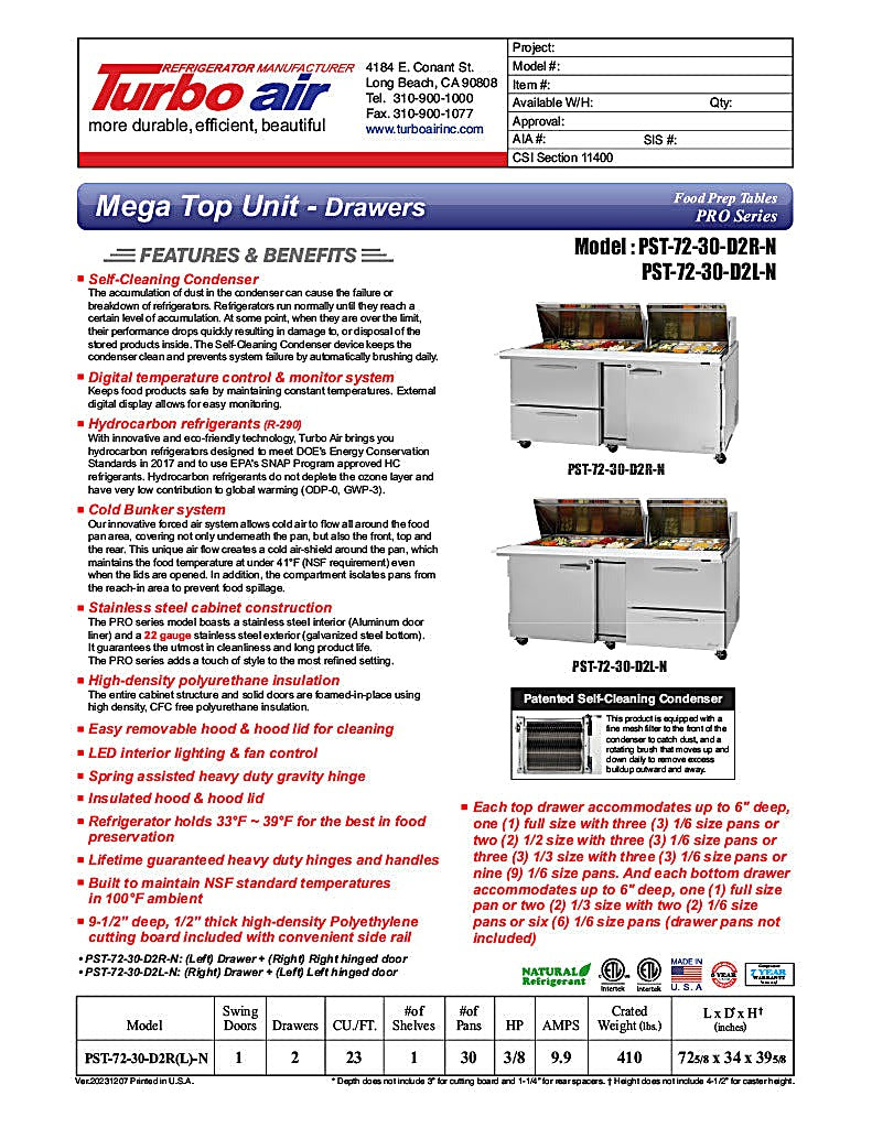 Turbo Air PST-72-30-D2R-N 72 5/8" PRO Series Mega Top Sandwich/Salad Prep Table w/ Refrigerated Base - Donut-Equipment.com