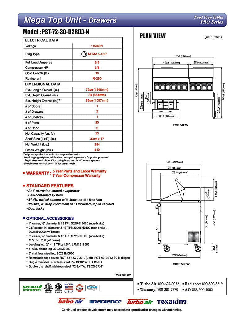 Turbo Air PST-72-30-D2R-N 72 5/8" PRO Series Mega Top Sandwich/Salad Prep Table w/ Refrigerated Base - Donut-Equipment.com