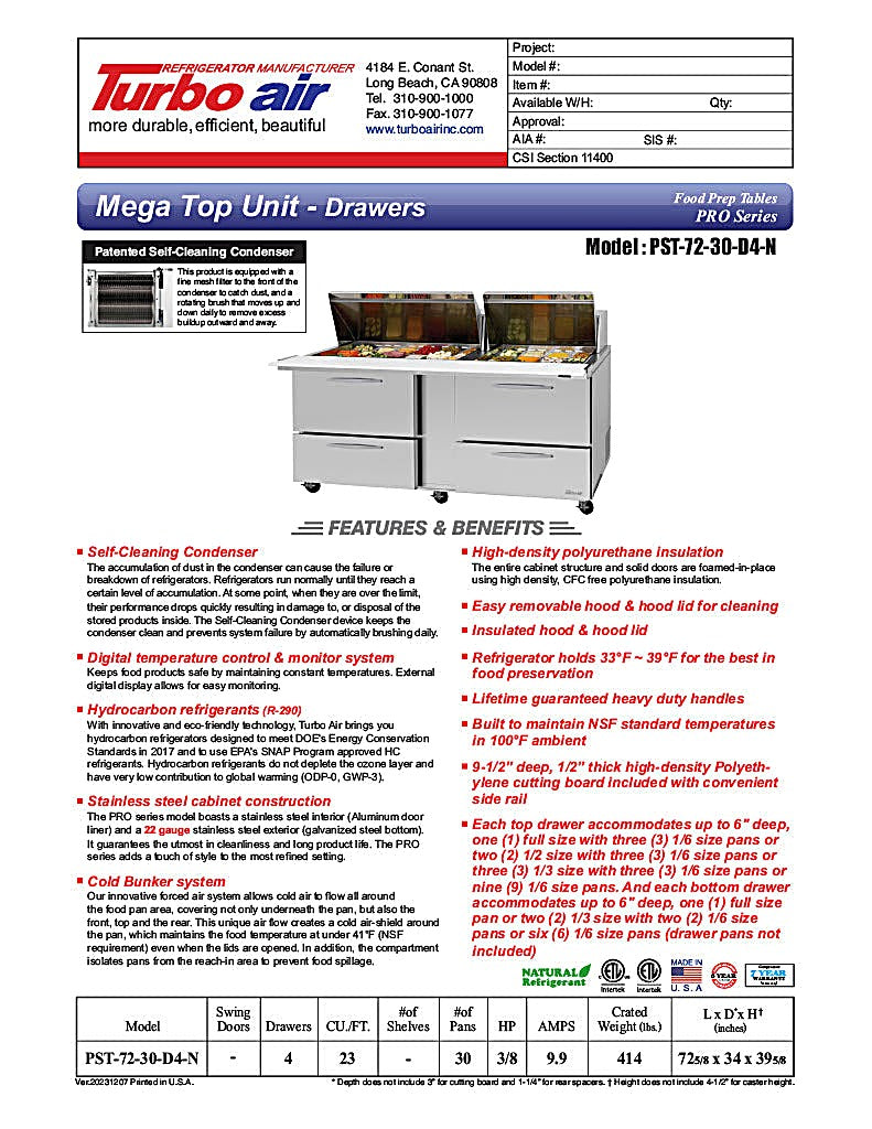 Turbo Air PST-72-30-D4-N 72" PRO Series Mega Top Sandwich/Salad Prep Table w/ Refrigerated Base - Donut-Equipment.com