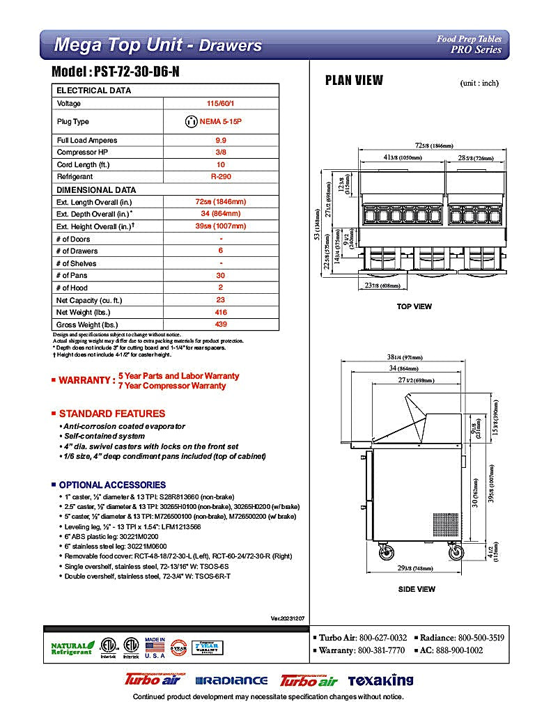 Turbo Air PST-72-30-D6-N 72 5/8" PRO Series Mega Top Sandwich/Salad Prep Table w/ Refrigerated Base - Donut-Equipment.com