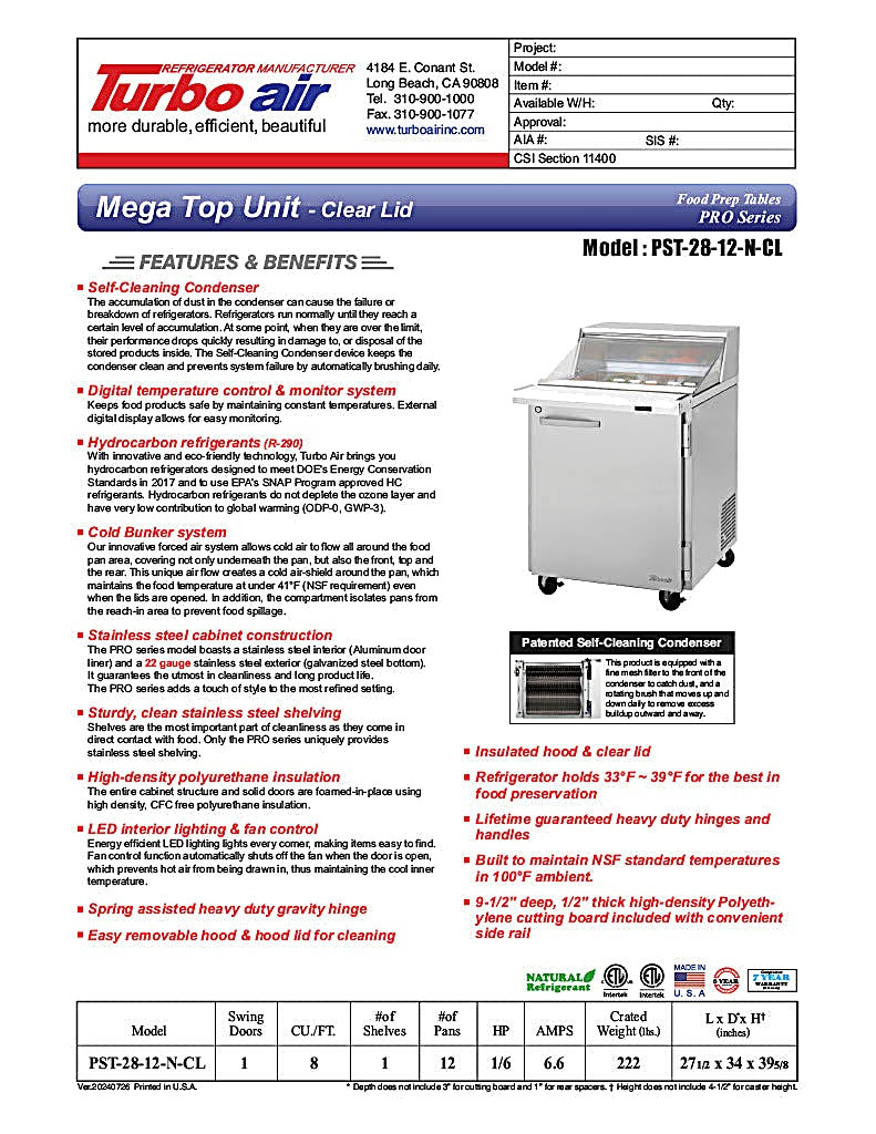 Turbo Air PST-28-12-N-CL 27 1/2" PRO Series Mega Top Sandwich/Salad Prep Table w/ Refrigerated Base - Donut-Equipment.com