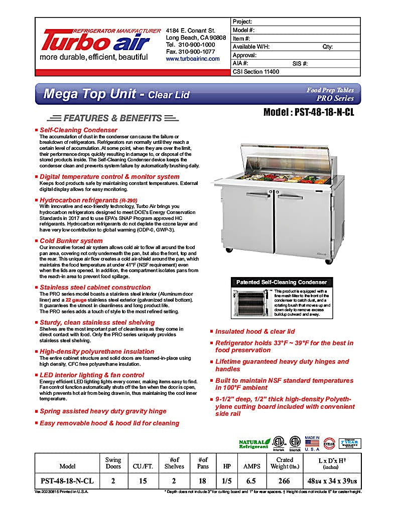 Turbo Air PST-48-18-N-CL 48 1/4" PRO Series Mega Top Sandwich/Salad Prep Table w/ Refrigerated Base - Donut-Equipment.com