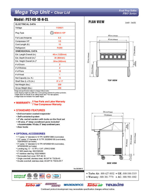 Turbo Air PST-48-18-N-CL 48 1/4" PRO Series Mega Top Sandwich/Salad Prep Table w/ Refrigerated Base - Donut-Equipment.com