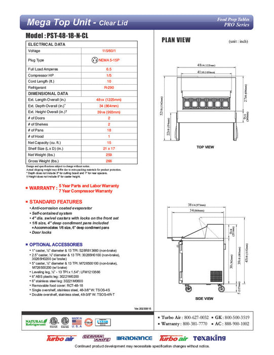 Turbo Air PST-48-18-N-CL 48 1/4" PRO Series Mega Top Sandwich/Salad Prep Table w/ Refrigerated Base - Donut-Equipment.com