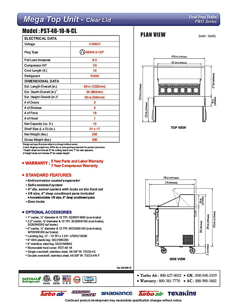 Turbo Air PST-48-18-N-CL 48 1/4" PRO Series Mega Top Sandwich/Salad Prep Table w/ Refrigerated Base - Donut-Equipment.com