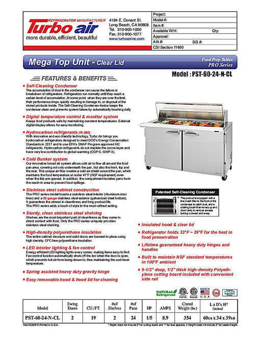 Turbo Air PST-60-24-N-CL 60 1/4" PRO Series Mega Top Sandwich/Salad Prep Table w/ Refrigerated Base - Donut-Equipment.com