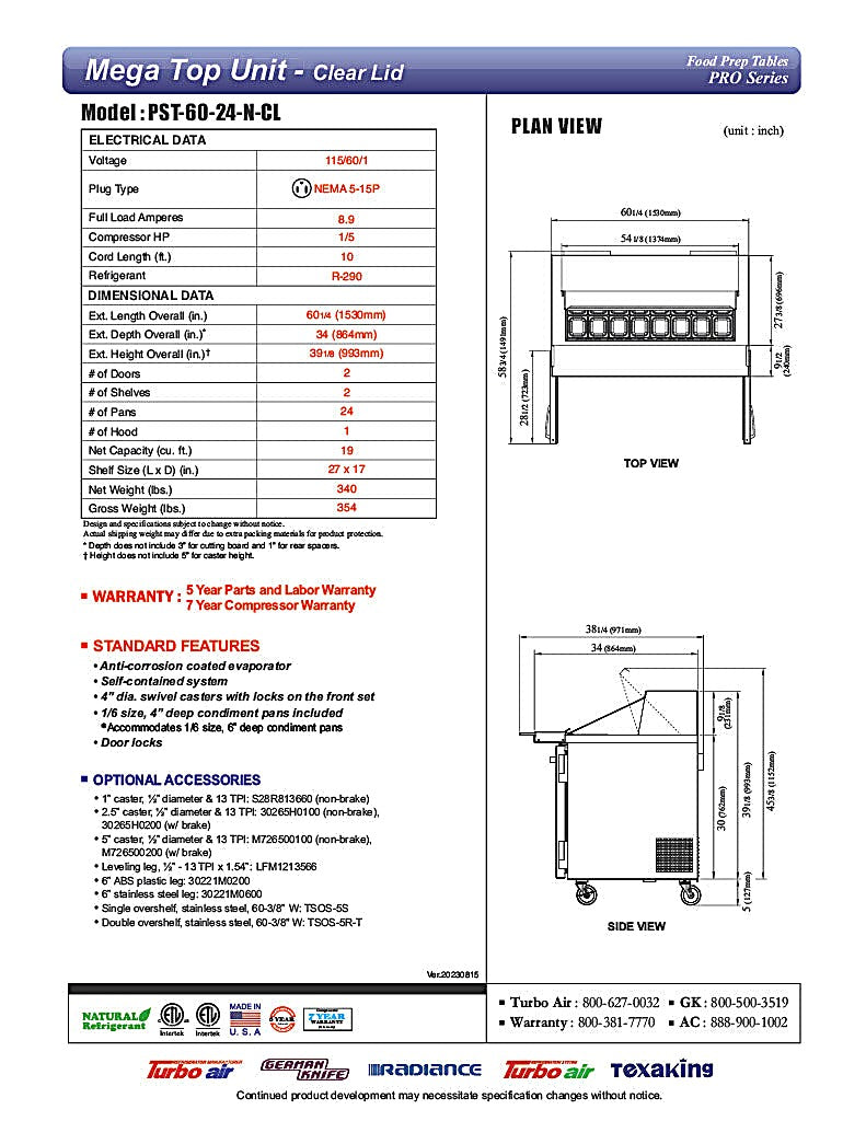 Turbo Air PST-60-24-N-CL 60 1/4" PRO Series Mega Top Sandwich/Salad Prep Table w/ Refrigerated Base - Donut-Equipment.com