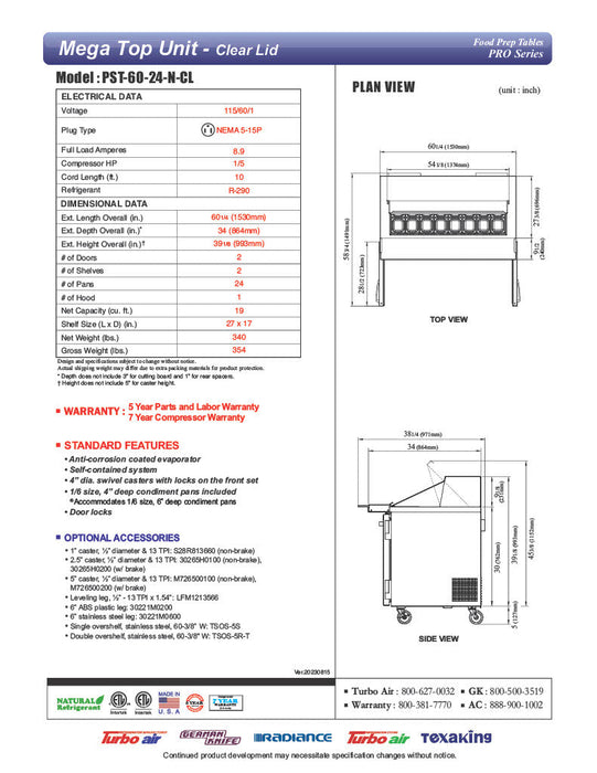 Turbo Air PST-60-24-N-CL 60 1/4" PRO Series Mega Top Sandwich/Salad Prep Table w/ Refrigerated Base - Donut-Equipment.com
