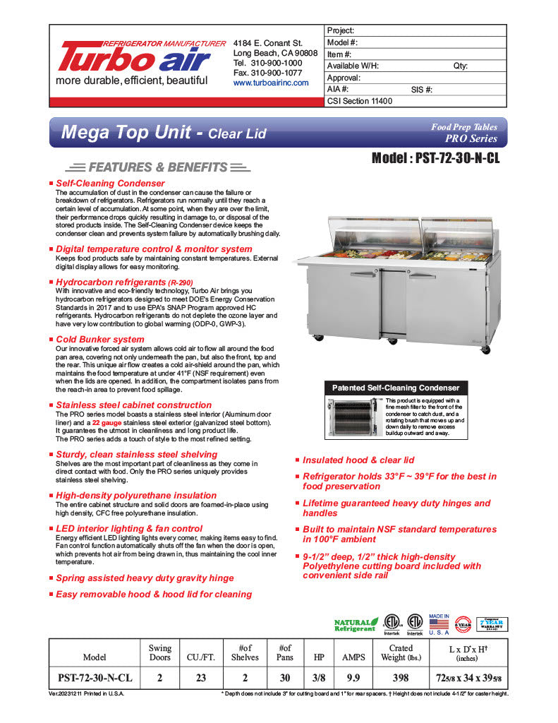 Turbo Air PST-72-30-N-CL 72 5/8" PRO Series Mega Top Sandwich/Salad Prep Table w/ Refrigerated Base - Donut-Equipment.com