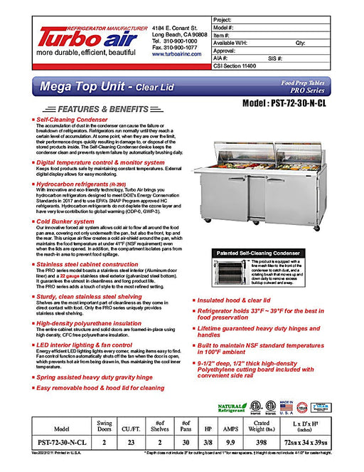 Turbo Air PST-72-30-N-CL 72 5/8" PRO Series Mega Top Sandwich/Salad Prep Table w/ Refrigerated Base - Donut-Equipment.com