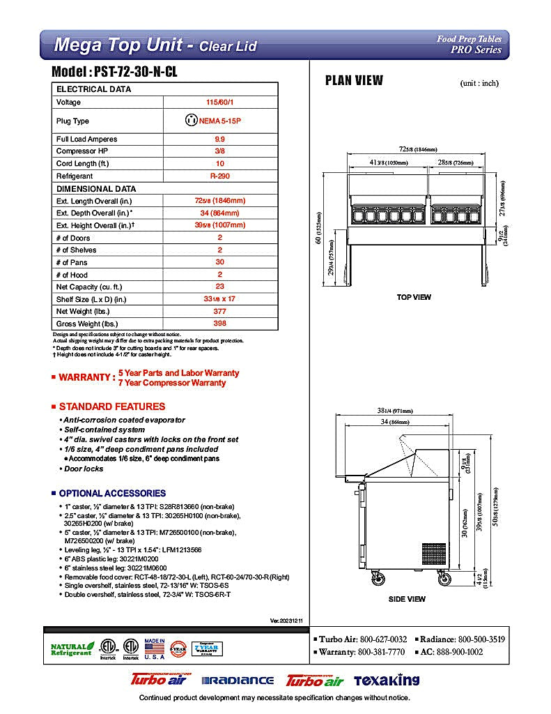 Turbo Air PST-72-30-N-CL 72 5/8" PRO Series Mega Top Sandwich/Salad Prep Table w/ Refrigerated Base - Donut-Equipment.com
