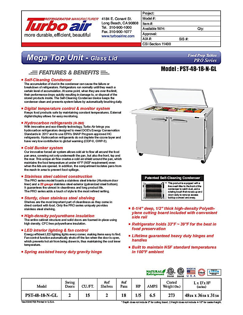 Turbo Air PST-48-18-N-GL 48 1/4" PRO Series Mega Top Sandwich/Salad Prep Table w/ Refrigerated Base - Donut-Equipment.com