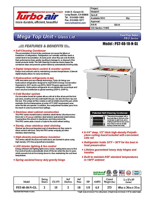 Turbo Air PST-48-18-N-GL 48 1/4" PRO Series Mega Top Sandwich/Salad Prep Table w/ Refrigerated Base - Donut-Equipment.com