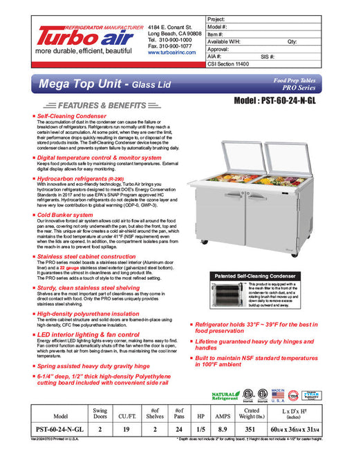 Turbo Air PST-60-24-N-GL 60 1/4" PRO Series Mega Top Sandwich/Salad Prep Table w/ Refrigerated Base - Donut-Equipment.com