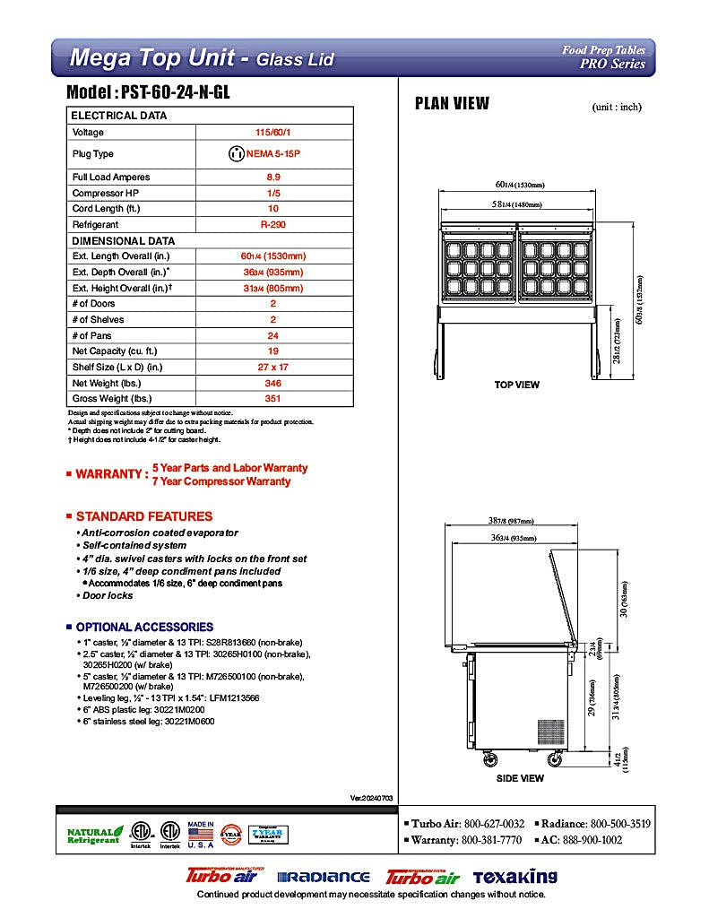 Turbo Air PST-60-24-N-GL 60 1/4" PRO Series Mega Top Sandwich/Salad Prep Table w/ Refrigerated Base - Donut-Equipment.com