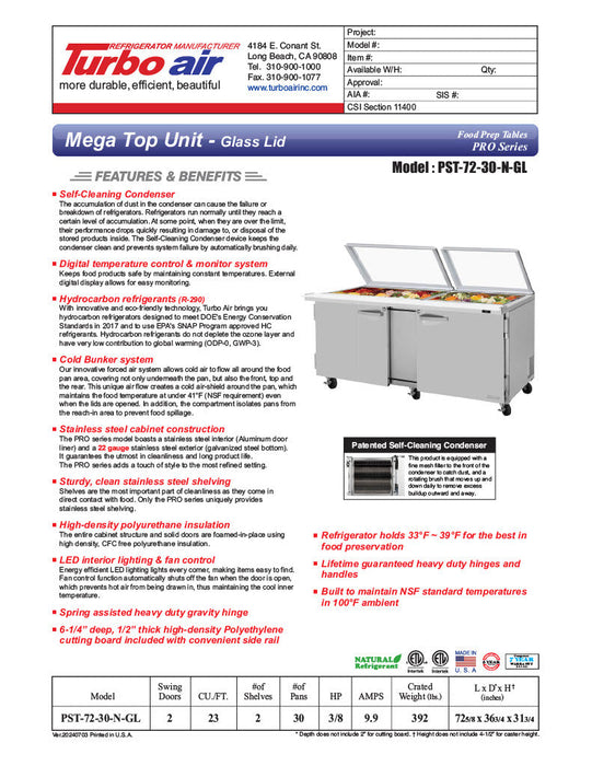 Turbo Air PST-72-30-N-GL 72 5/8" PRO Series Mega Top Sandwich/Salad Prep Table w/ Refrigerated Base - Donut-Equipment.com